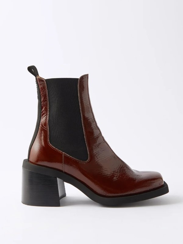 Square-toe patent-leather Chelsea boots | Ganni