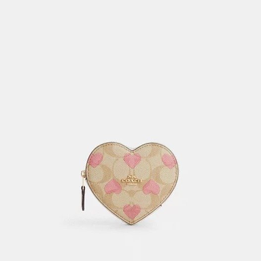 Heart Coin Case In Signature Canvas With Heart Print