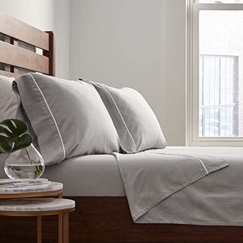 Contrast Hem Breathable Cotton Linen Pillowcase Set, King, Set of 2, Vapor / White