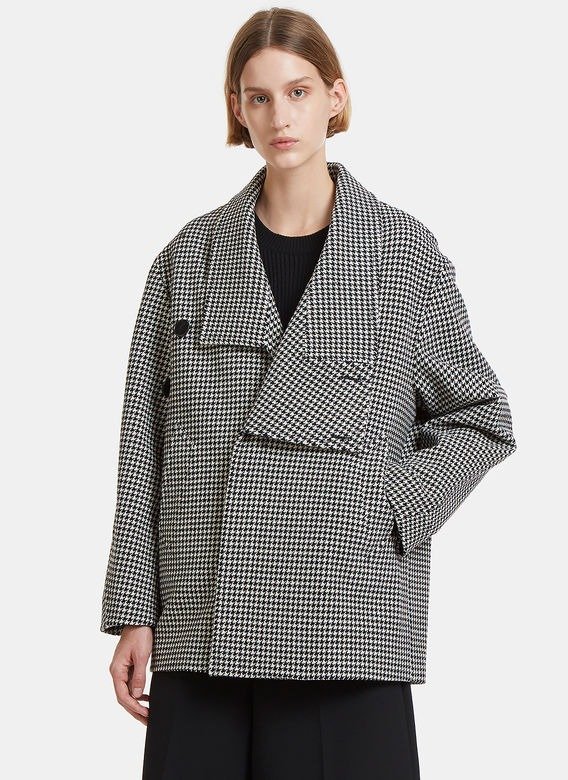 Oversized Houndstooth Wool Coat in Black and White