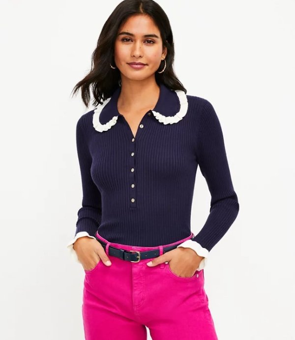 Tipped Ruffle Polo Sweater | LOFT