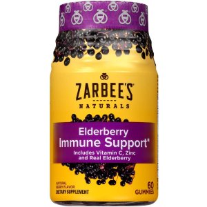 Roll over image to zoom in              Zarbee's Naturals Elderberry Immune Support* with Vitamin C & Zinc, Natural Berry Flavor, 60 Gummies