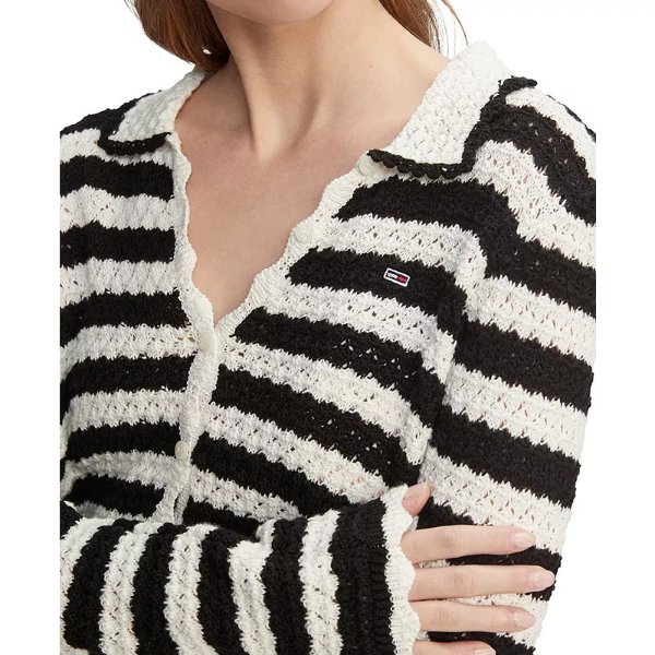 Women's Crochet Striped Collared Cardigan