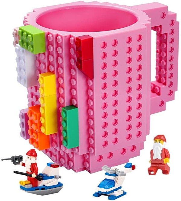 POXIWIN Build-on Brick Mugs,with 3 packs of Blocks at random,Creative DIY Building Blocks Cups for Coffee Juice,Funny Mug Compatible with Lego,Novelty Kids Party Cup for Christmas,Pink