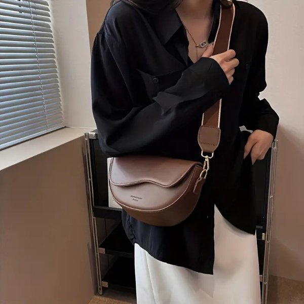 Women's Vintage Solid Color Saddle Bag, Wide Strap Crossbody Bag, PU Leather Shoulder Purse