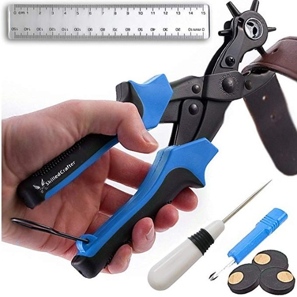 Leather Hole Punch by Skilled Crafter Easily Punches Perfect Round Holes. FREE Ruler & Awl Tool. Our Best Professional Puncher for Belt, Saddle, Tack, Watch Strap, Shoe, Fabric, Eyelet etc + 2Yr Wrnty