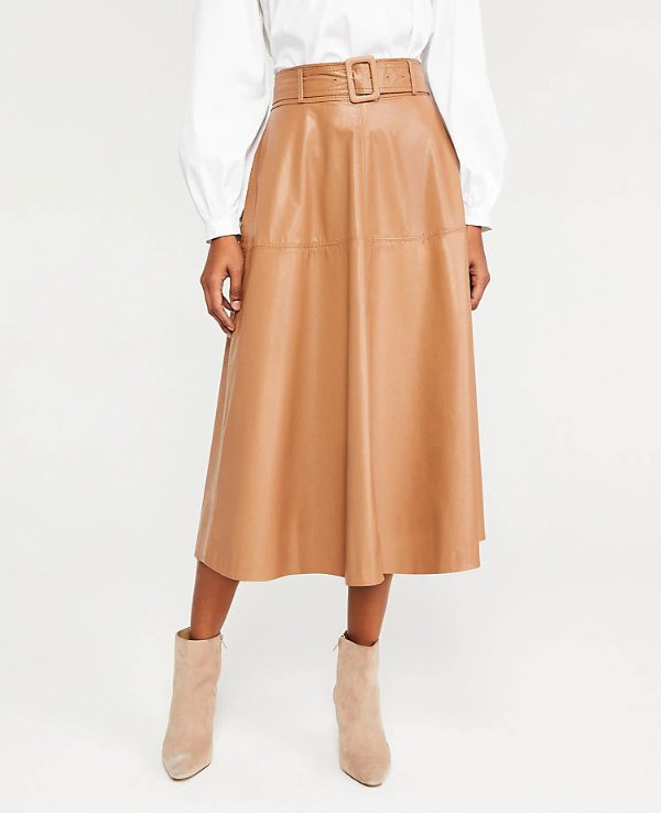 Faux Leather Belted Midi Skirt | Ann Taylor