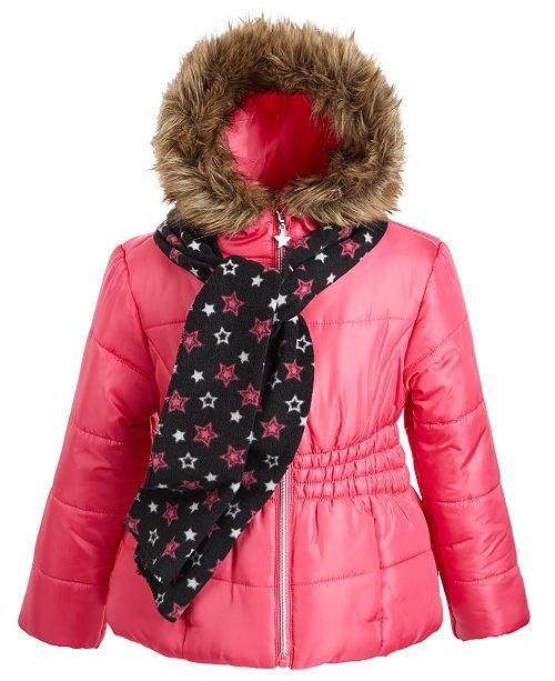 Toddler Girls Hooded Jacket With Faux-Fur Trim & Scarf