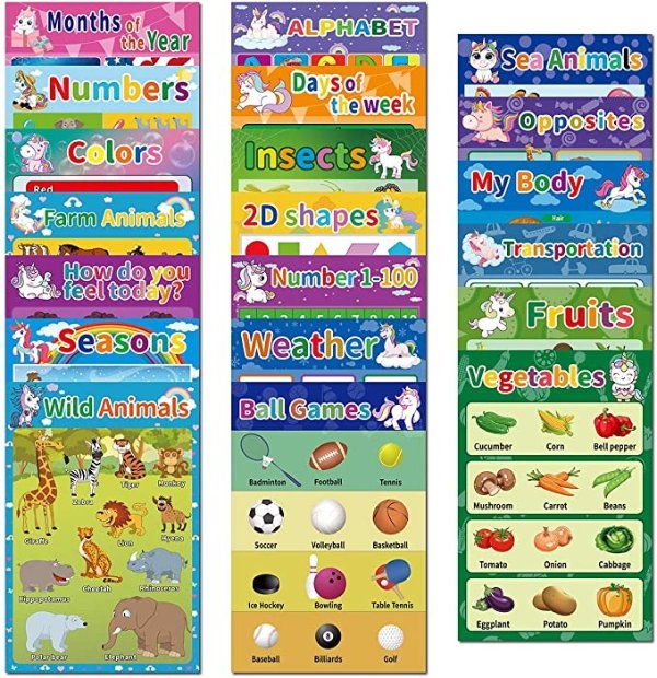 20Pack Educational Preschool Posters for Kids Toddlers Learning Kindergarten Classroom Decoration, Large 16 x 11 Inch Educational Charts Includes: Months Days Alphabet Numbers Colors and More(20Pcs)