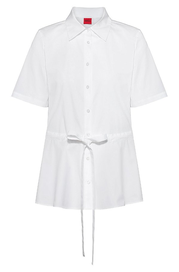 Short-sleeved blouse in stretch cotton with adjustable waist