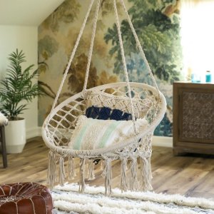 Indoor Outdoor Hanging Cotton Macrame Hammock Swing w/ Fringe Tassels