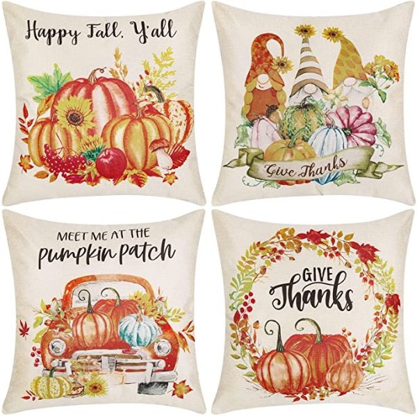 Fall Pillow Covers 18x18, Gnomes Pumpkin Pillow Covers Autumn Pillow Covers, Farmhouse Decorative Thanksgiving Throw Pillows Outdoor Cases for Home Cushion Decor Set of 4