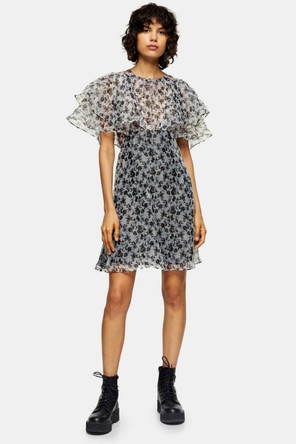 Black and White Organza Floral Mini Dress