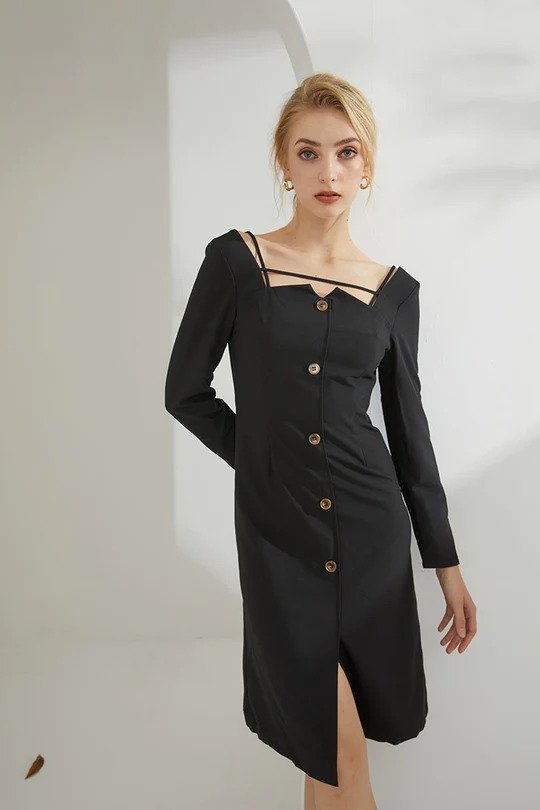 Design Sense Square-Neck Shirt Dress (Black)