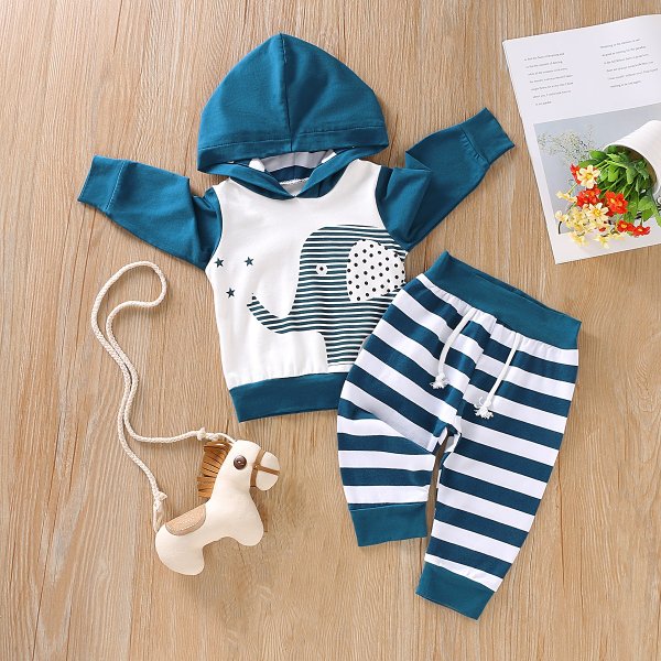 Baby Boy Striped Elephant Hoodie and Pants Set