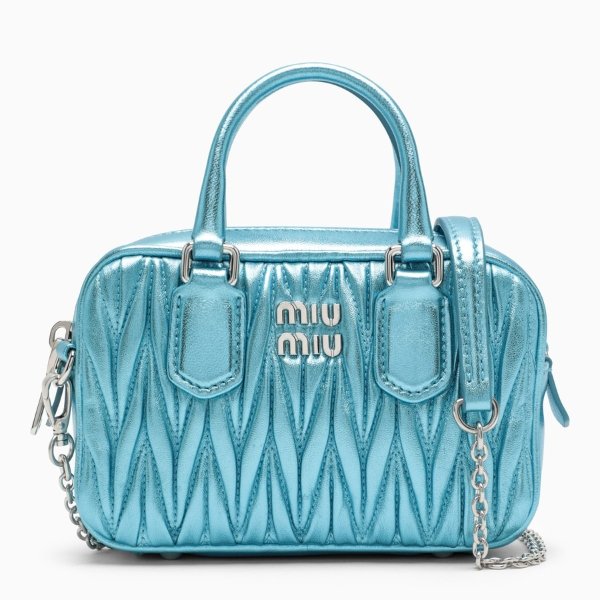 Mini handbag in metallic light blue matelasse leather