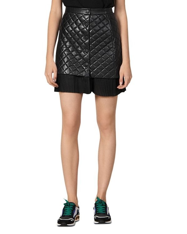 Square Quilted Leather & Pleated Hem Mini Skirt