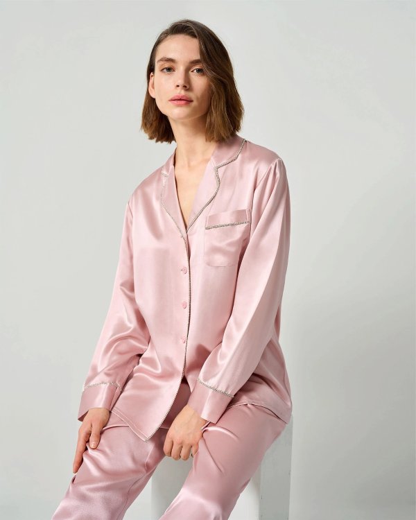 Rhinestone Trimmed Silk Women Pajamas Set