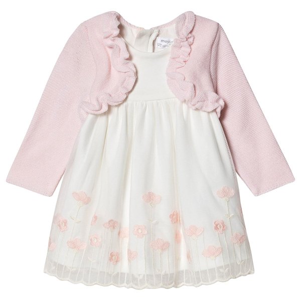 Pink and Cream Floral Embroidered Mock Cardigan Dress | AlexandAlexa