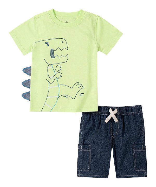 Light Green Dino Spike Crewneck Tee & Dark Wash Denim Shorts - Infant, Toddler & Boys