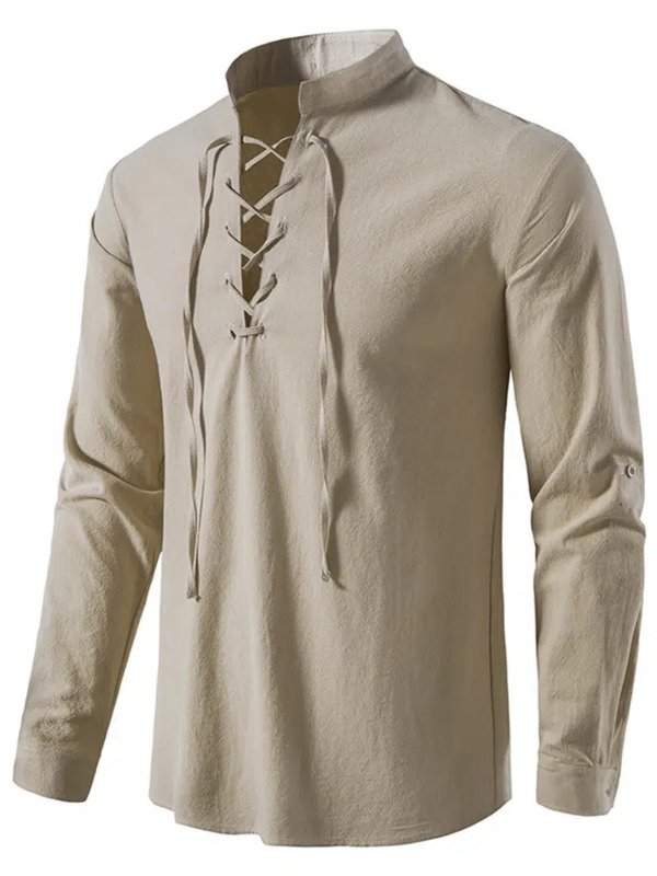 Men's Casual Cotton Linen Shirt Solid Color Drawstring Shirt | Save Money On Temu | Temu