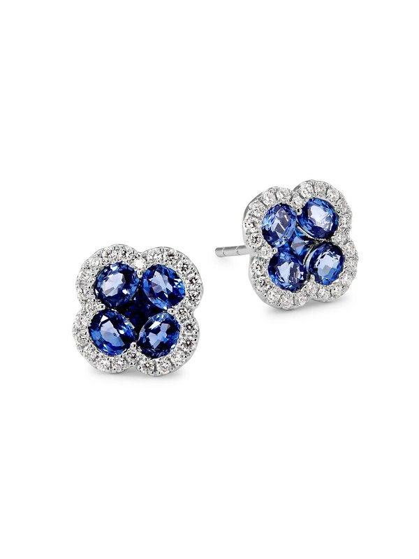14K White Gold, Blue Sapphire & 0.33 TCW Diamond Four-Leaf Clover Stud Earrings