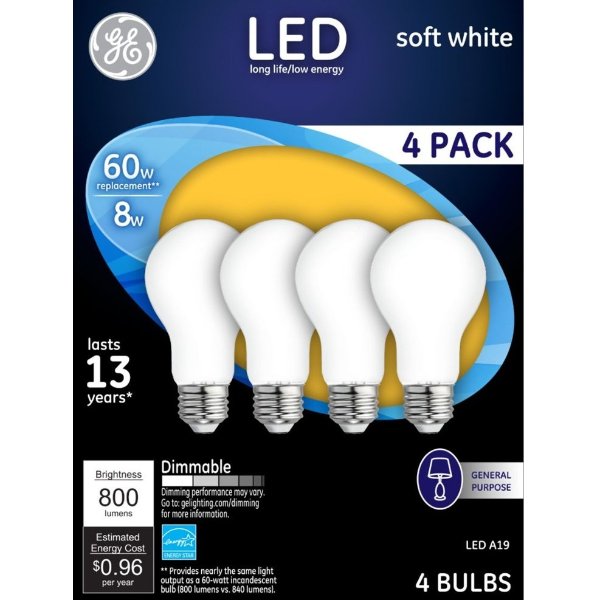 800-Lumen 8W Dimmable A19 LED Bulb (4-Pack)