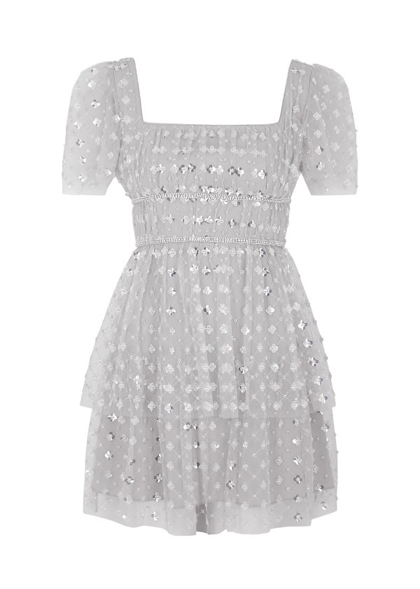 Grey embellished tulle mini dress