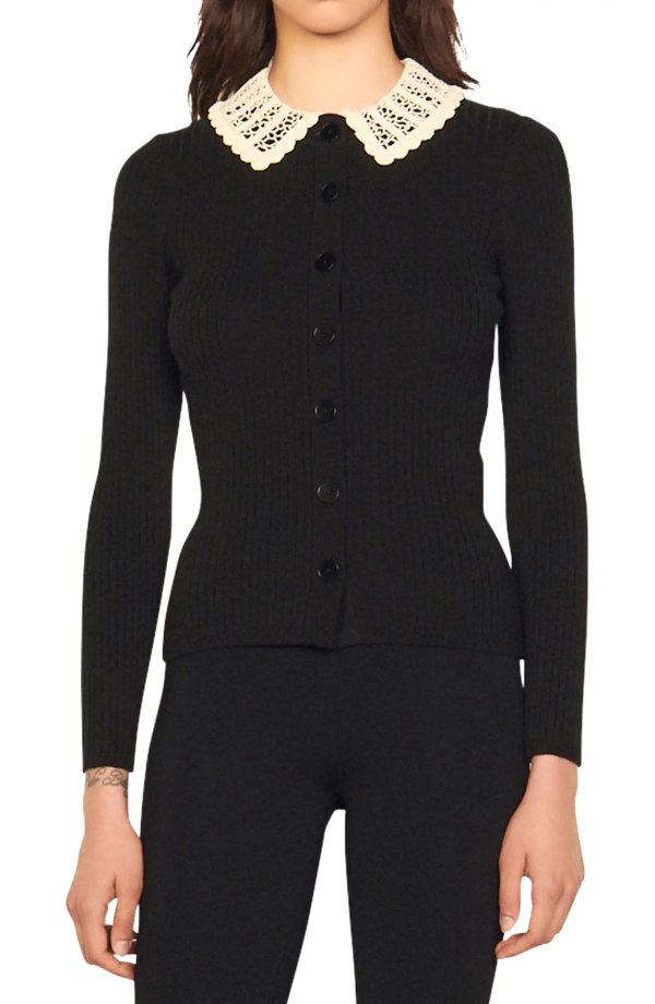 Joie Ribbed Cardigan with Crochet Collar