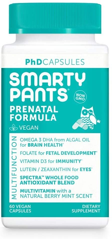 SmartyPants Daily Prenatal Multivitamin: Vitamin D, C, D3, E, B12 for Energy, CoQ10, Omega 3 DHA, Iodine, Lutein, Folate, Vegan, Easy to Swallow Capsules, 60 count (30 Day Supply) Packaging May Vary