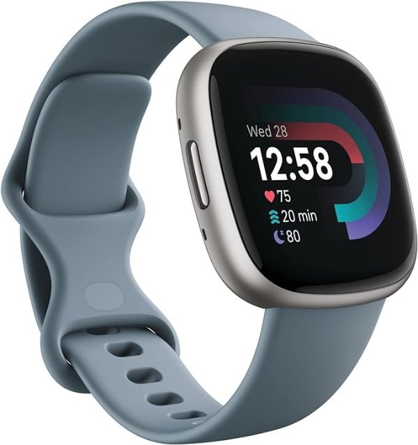Versa 4 Fitness Smartwatch with Daily Readiness, GPS, 24/7 Heart Rate, 40+ Exercise Modes, Sleep Tracking and more, Waterfall Blue/Platinum, One Size (S & L Bands Included)