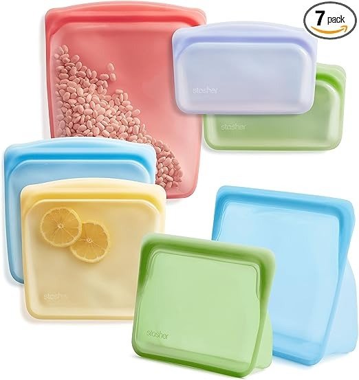 Reusable Silicone Storage Bag, Food Storage Container, Microwave and Dishwasher Safe, Leak-free, Bundle 7-Pack, Rainbow