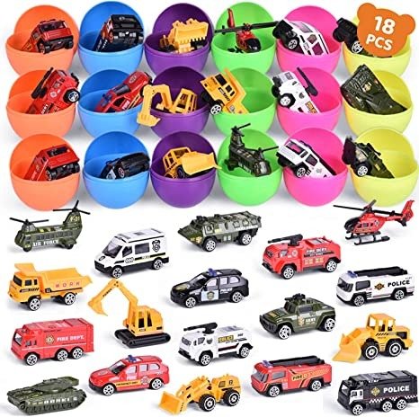 FUN LITTLE TOYS 18Packs Easter Eggs Prefilled with Die-cast Cars Toy Vehicles for Toddlers, Easter Party Favors, Easter Basket Stuffers, Easter Egg Fillers, Goodie Bags Fillers, Classroom Prizes