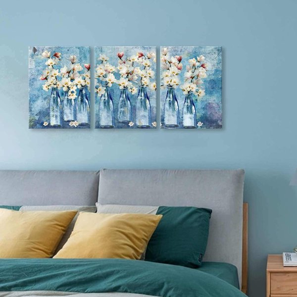 Fawabriyj Bathroom Decor Canvas Wall Art for Living Room Blue Theme Flower Painting Pictures