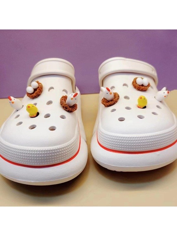 8pcs Cartoon Chicken & Egg Design Shoe Decorations, Color Block ABS Cute Accessories For Clogs And Slides