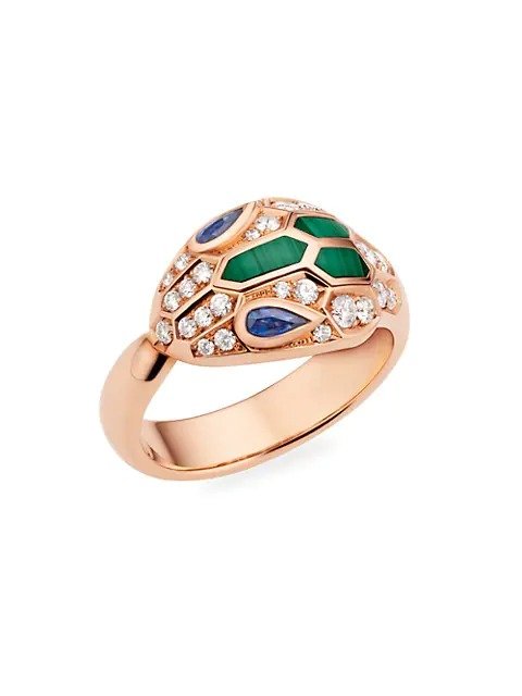Serpenti Seduttori 18K Rose Gold, Diamond, Blue Sapphire & Malachite Ring