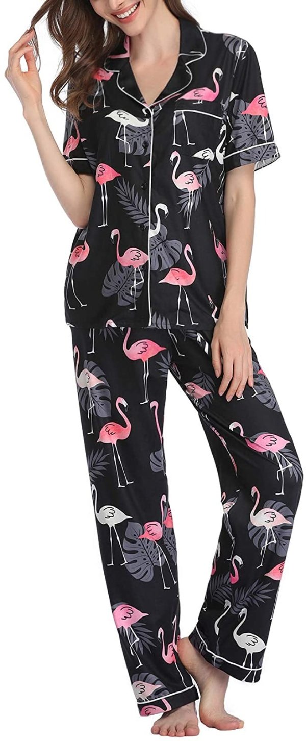 Womens Pajamas Set Button Down Pjs Soft Loungewear Set Ladies Sleepwear Two-Piece Nightwear S XL