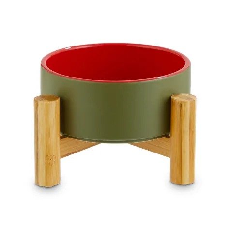 Reddy Olive Ceramic & Bamboo Elevated Pet Bowl, 3.5 Cups | Petco