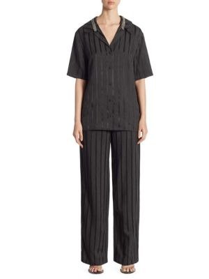 Crystal-Trim Striped Short-Sleeve Pajama Top