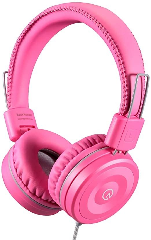 Kids Headphones-noot products K22 Foldable Stereo Tangle-Free 3.5mm Jack Wired Cord On-Ear Headset for Children/Teens/Girls/Smartphones/School/Kindle/Airplane/Plane/Tablet-Flamingo Pink/Gray