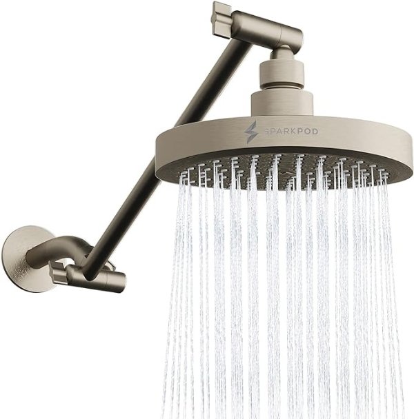 SparkPod Round Rain Shower Head with Shower Head Extension Arm - High Pressure Rain - Luxury Modern Look - No Hassle Tool-less 1-Min Installation (11" Shower Arm Extension, Elegant Brushed Nickel)