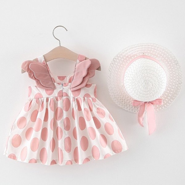 Baby Girl 3D Wings Dotted Sleeveless Dress with Hat