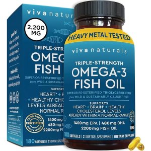 Viva Naturals Triple-Strength Omega 3 Fish Oil with EPA and DHA Supplements 2,200mg, 180 Softgels
