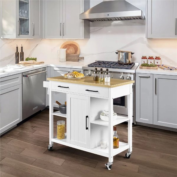 Easyfashion Mobile Kitchen Island Kitchen Cart on Lockable Wheels With Storage, White