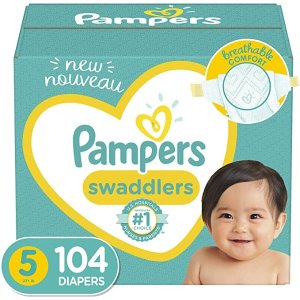 PampersDiapers Size 5, 104 Count - Pampers Swaddlers Disposable Baby Diapers, Enormous Pack (Packaging May Vary)