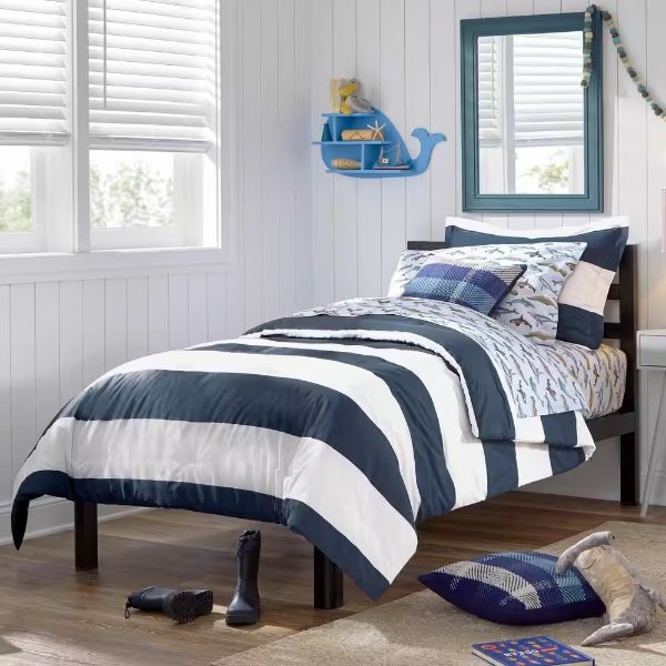 2-Piece Midnight Blue and White Rugby Stripe Cotton Twin Comforter Set