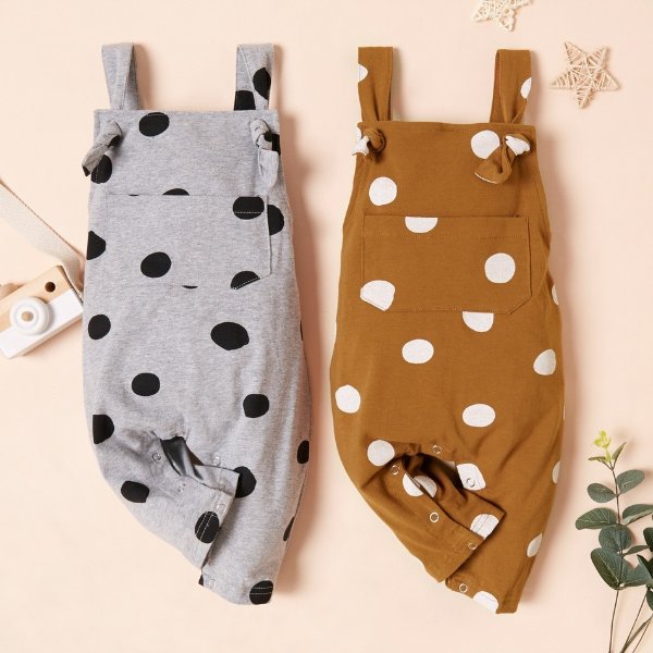 Baby Strappy Polka Dots Pocket Design Strappy Jumpsuits