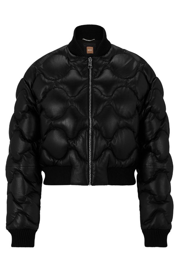 Down-filled leather jacket with knitted trims