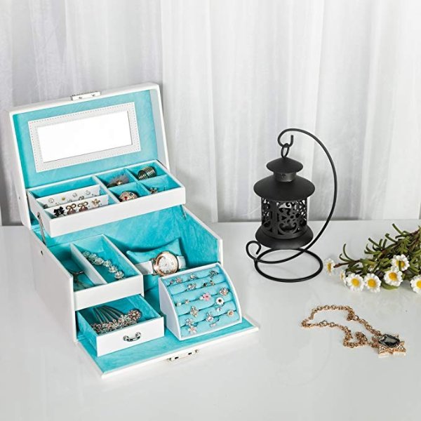 Girls Jewelry Box Lockable Jewelry Organizer Mirrored Storage Case White UJBC114W