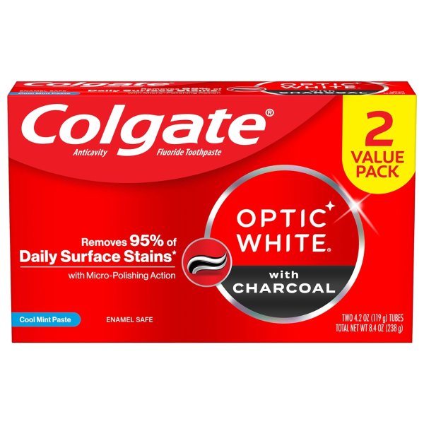 Optic White Charcoal Toothpaste for Whitening Teeth with Fluoride, Cool Mint - 4.2 Ounce (2 Pack)